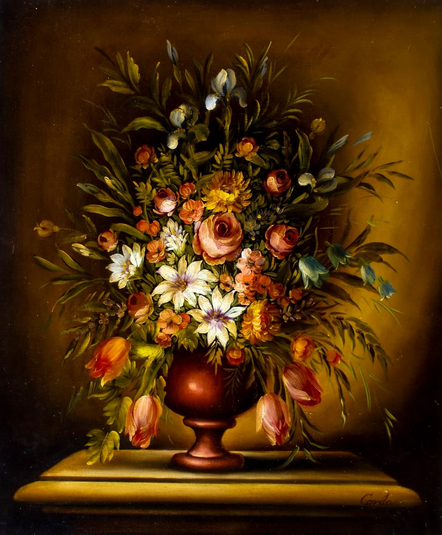 F Corda (German,1927-?) oil painting: ARTIST: F Corda (Germany, 1927 - ???) TITLE: Still Life with Vase of Flowers MEDIUM: oil on canvas CONDITION: Unstretched (In-House stretching available). Few minor paint