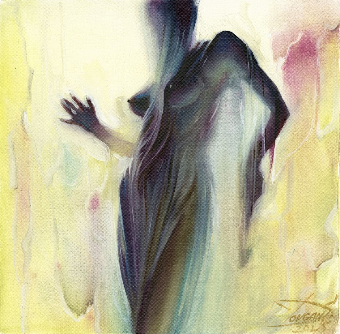 Sergey Dovgan (Ukraine,b 1976) oil painting: ARTIST: Sergey Dovgan (Ukrainian, born 1976) TITLE: Nude with Veil MEDIUM: oil on heavy paper CONDITION: Very good. No visible inpaint under UV light. ART SIZE:</