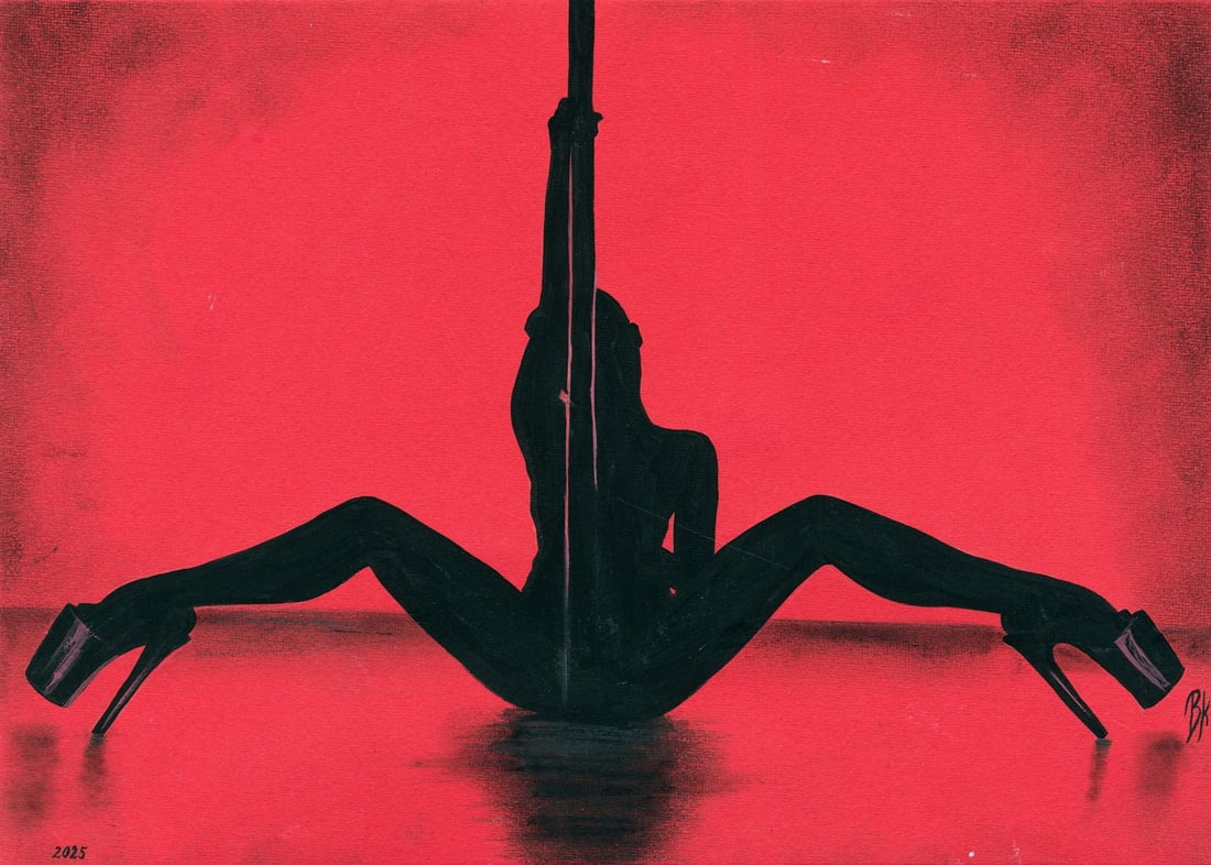 Kateryna Vitrenko (Ukraine,b 2003) gouache painting: ARTIST: Kateryna Vitrenko (Ukrainian, born 2003) TITLE: Nude on the Pole MEDIUM: gouache on paper CONDITION: Very good. ART SIZE: 8 x 12 inches / 20 x 30