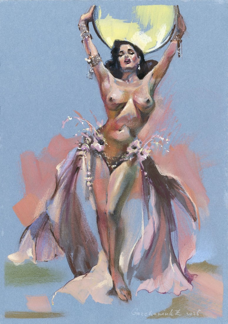Zoya Grechanyuk (Ukraine,b 1977) pastel painting: ARTIST: Zoya Grechanyuk (Ukrainian, born 1977) TITLE: Nude Oriental Dancer MEDIUM: pastel on heavy paper CONDITION: Very good. ART SIZE: 12 x 8 inches /