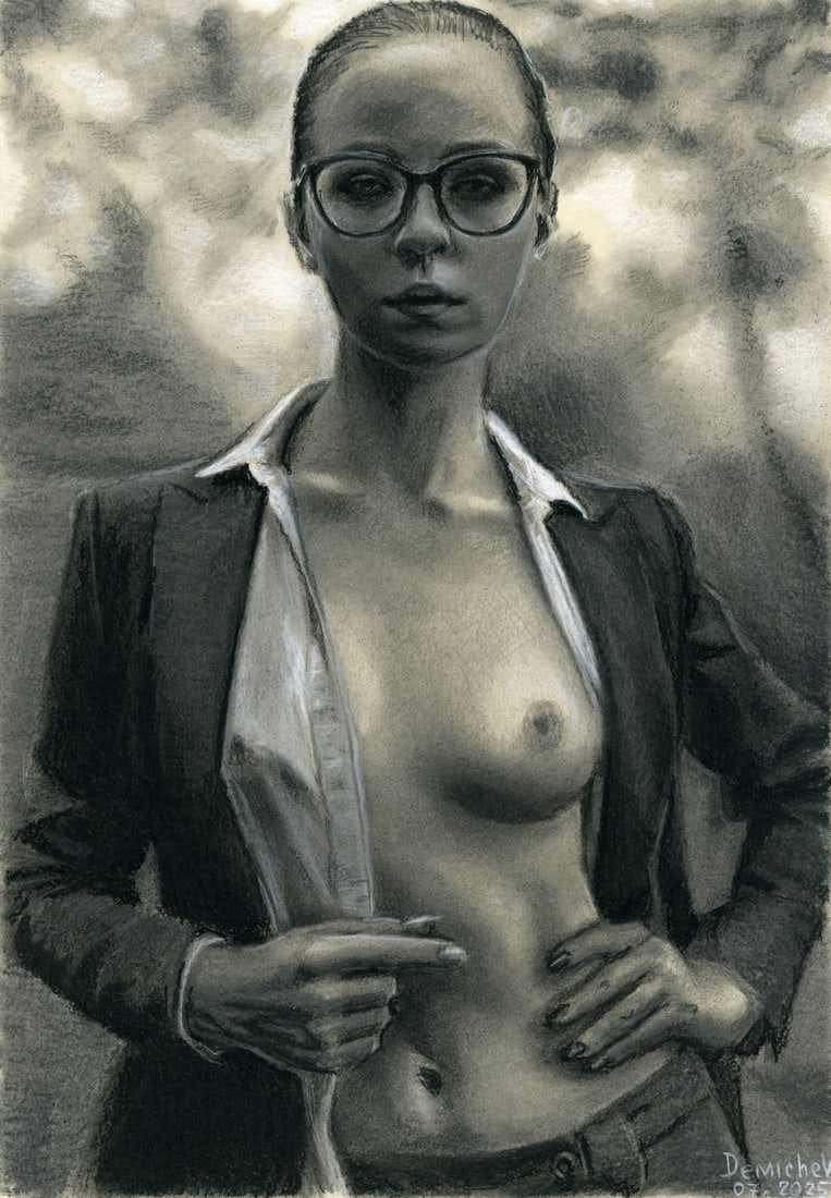 Oleksandr Demichev (Ukraine,20/21C) pastel painting: ARTIST: Oleksandr Demichev (Ukrainian, 20/21 centuries) TITLE: Female Semi Nude MEDIUM: pastel on heavy paper CONDITION: Very good. ART SIZE: 17 x 12 in