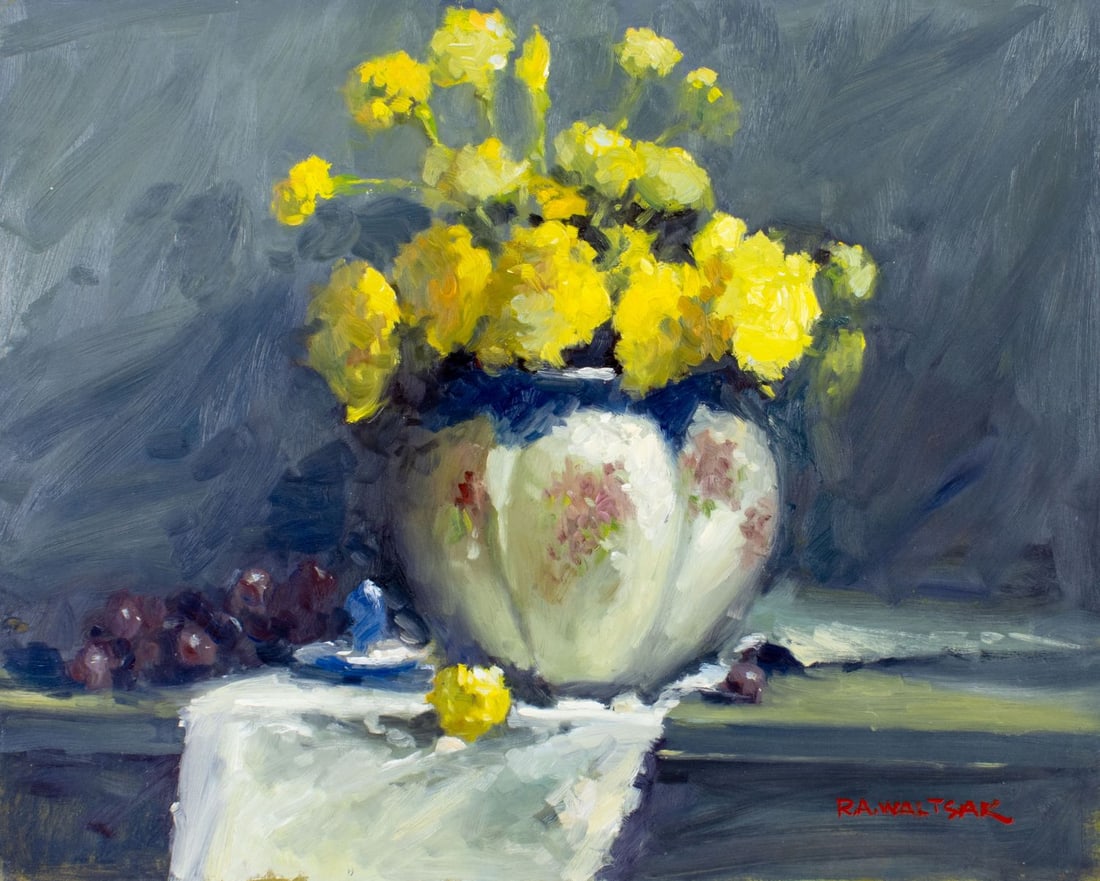 Robert Waltsak (NJ,b 1944) oil painting: ARTIST: Robert Alan Waltsak (New Jersey, born 1944) TITLE: Still Life with Vase of Flowers and Grapes MEDIUM: oil on board CONDITION: Few very minor paint losses. No visible