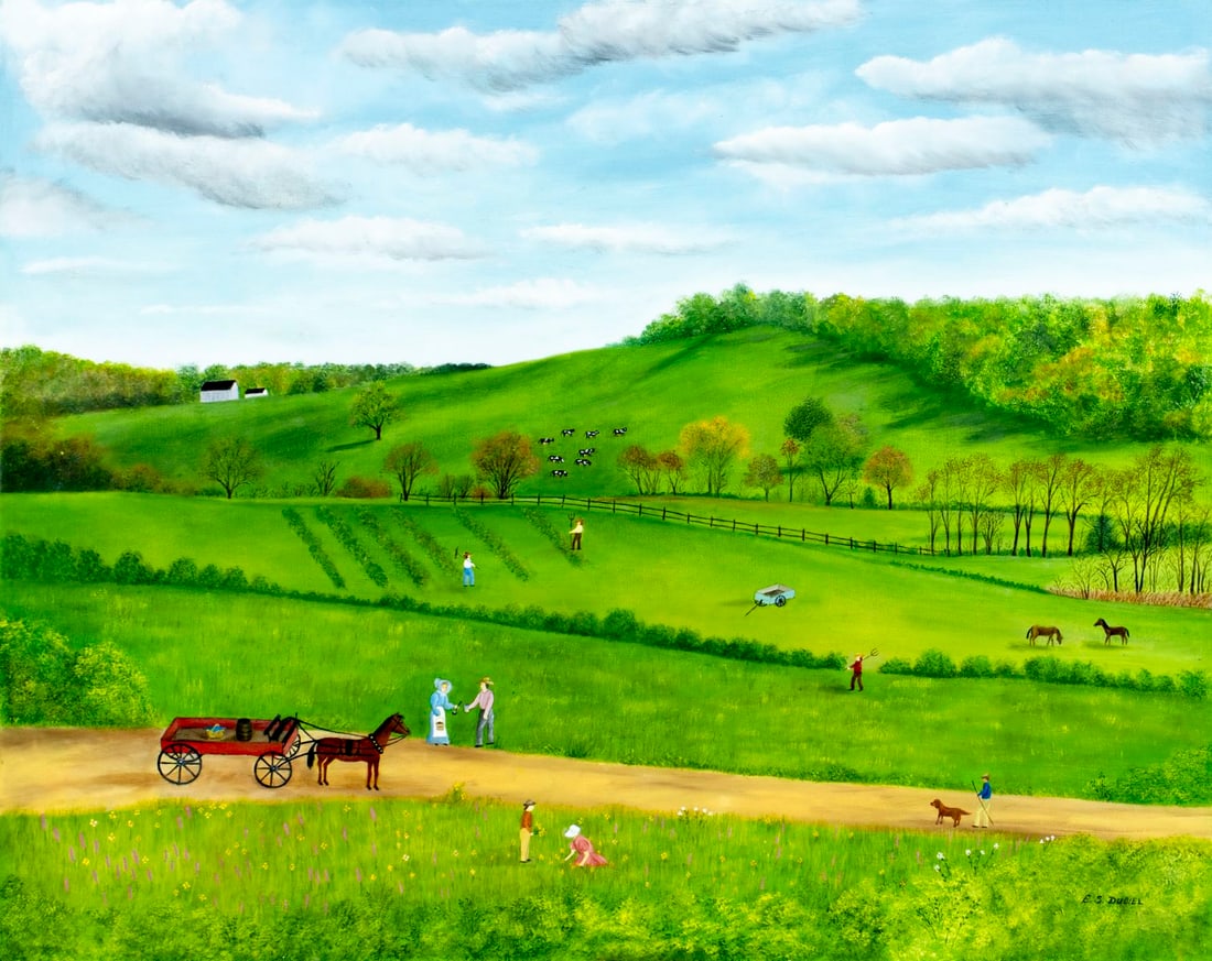 Evelyn Dubiel (CT,1922-2019) oil painting: ARTIST: Evelyn S Dubiel (Connecticut, 1922 - 2019) TITLE: Farming in Pomfret, CT (titled on label) MEDIUM: oil on canvas CONDITION: Overall good. No visible inpaint under