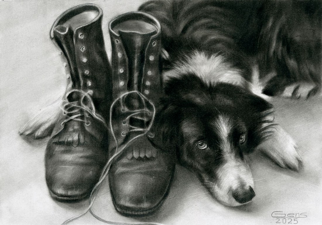 Viktoria Hensetska (Ukraine,20/21C) pastel painting: ARTIST: Viktoria Hensetska (Ukraine, 20/21 centuries) TITLE: Dog Waiting MEDIUM: pastel on heavy paper CONDITION: Very good. ART SIZE: 8 x 12 inches / 20