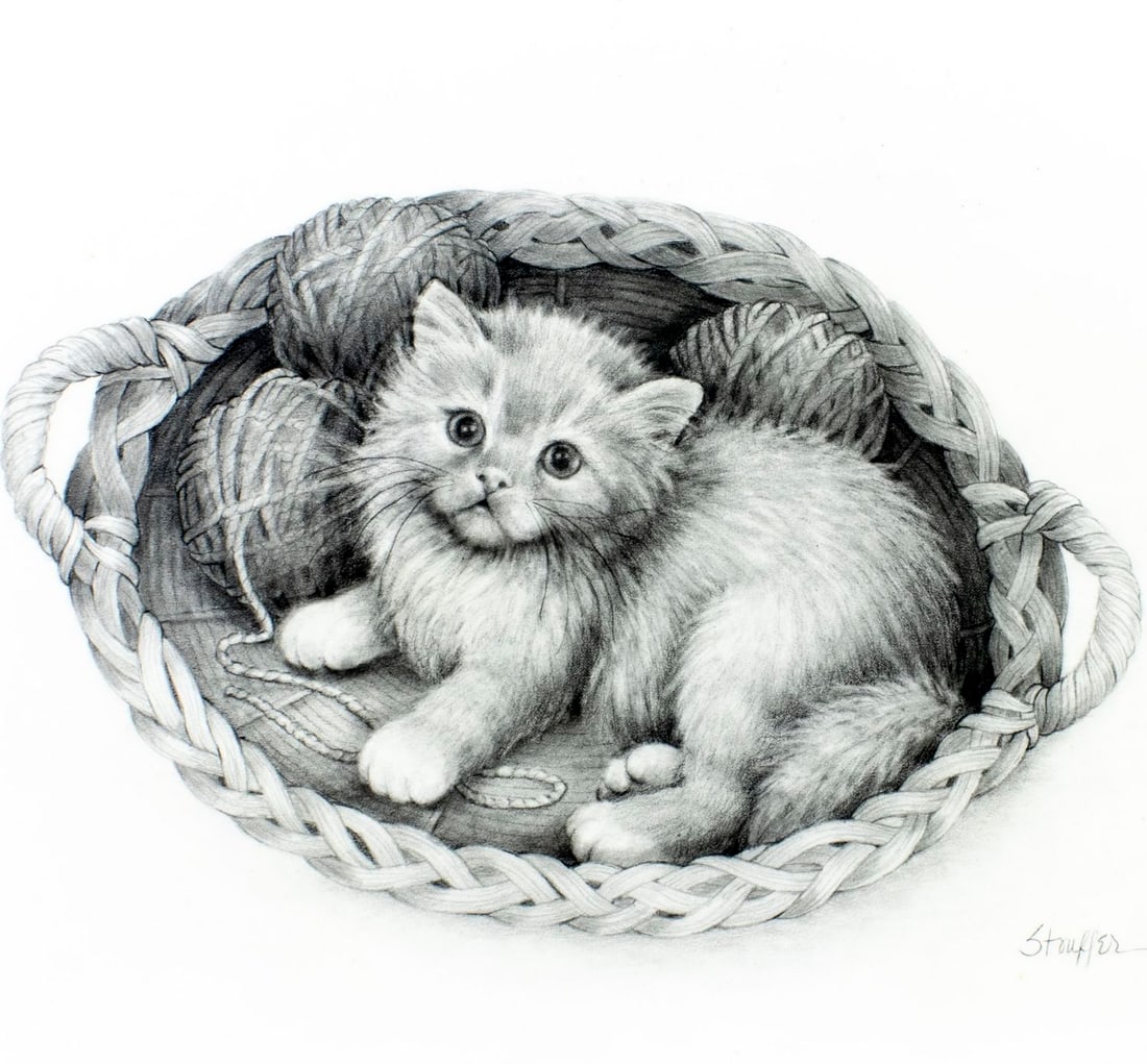 Stephanie Stouffer (VT,20/21C) graphite painting: ARTIST: Stephanie Stouffer (Vermont, 20/21 centuries) TITLE: Red Persian Cat (titled on verso) YEAR: 1979 MEDIUM: graphite on board CONDITION: Overall g