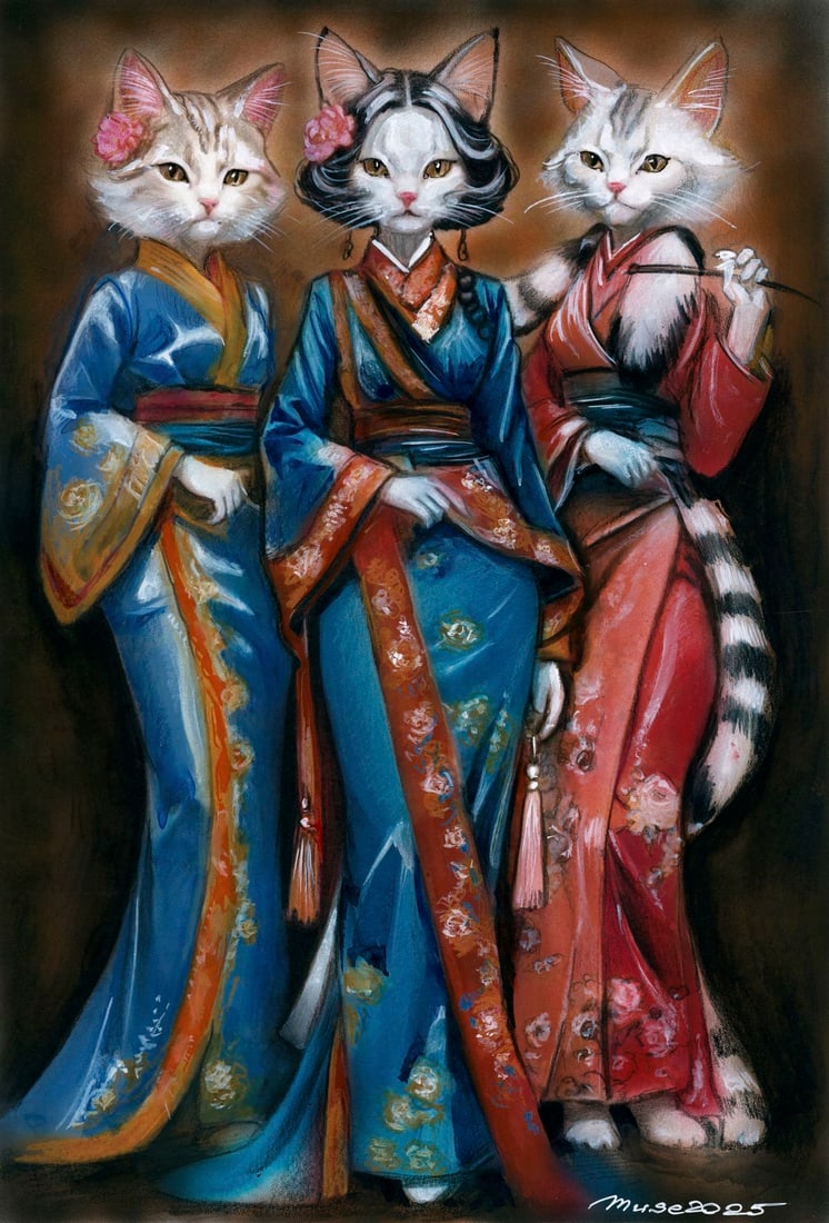 Olga Dolgikova (Ukraine,b 1967) mixed media painting: ARTIST: Olga Dolgikova (Ukraine, born 1967) TITLE: Three Geisha Cats MEDIUM: mixed media on heavy paper CONDITION: Very good. ART SIZE: 17 x 12 inches /