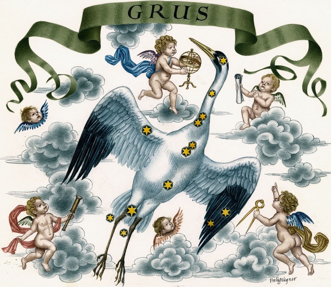 Fritz Wegner (Austria,1924-2015) watercolor painting: ARTIST: Fritz Wegner (Austrian, 1924 - 2015) TITLE: Grus - The Crane (titled on verso) YEAR: 1986 MEDIUM: watercolor on paper. Paper applied to board. CONDITION