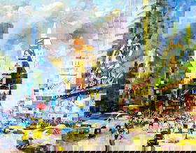 Jian Wu (China,CA,1942-?) oil painting: ARTIST: Jian Wu (Chinese, California, 1942 - ???) TITLE: Summer in Times Square MEDIUM: oil on canvas CONDITION: Few minor paint losses. No visible inpaint under UV light