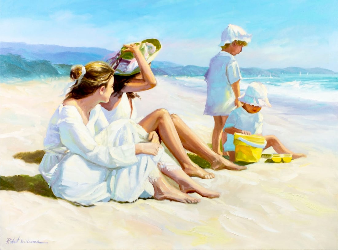 Robert Peter Williams (CA,1944-?) oil painting: ARTIST: Robert Peter Williams (California, 1944 - ???) TITLE: A Day at the Beach (titled on verso) YEAR: 1998 MEDIUM: oil on canvas CONDITION: Overall