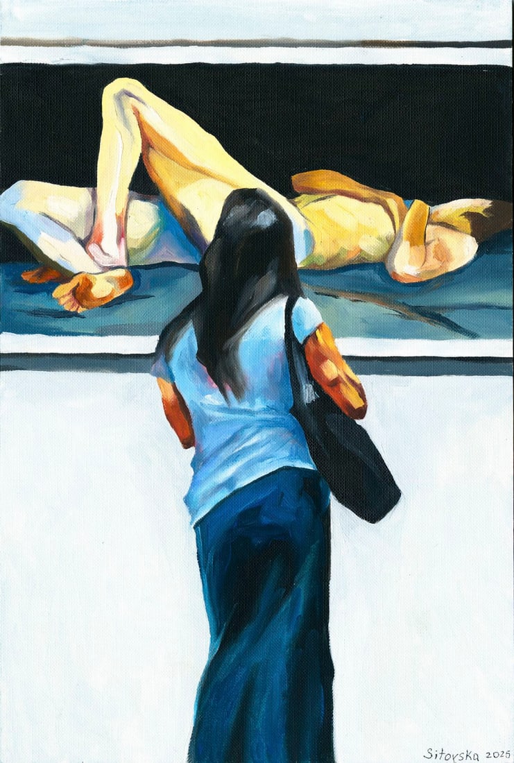 Anna Sitovska (Ukraine,20/21C) oil painting: ARTIST: Anna Sitovska (Ukrainian, 20/21 centuries) TITLE: Woman in Art Gallery MEDIUM: oil on heavy paper CONDITION: Very good. No visible inpaint under UV light.