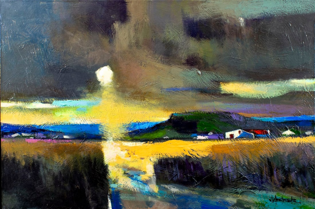 Ian Herslet (South Africa,20/21C) acrylic painting: ARTIST: Ian Herslet (South African, 20/21 centuries) TITLE: Country Landscape MEDIUM: acrylic on canvas CONDITION: Very good. No visible inpaint under UV light. Wear to fram