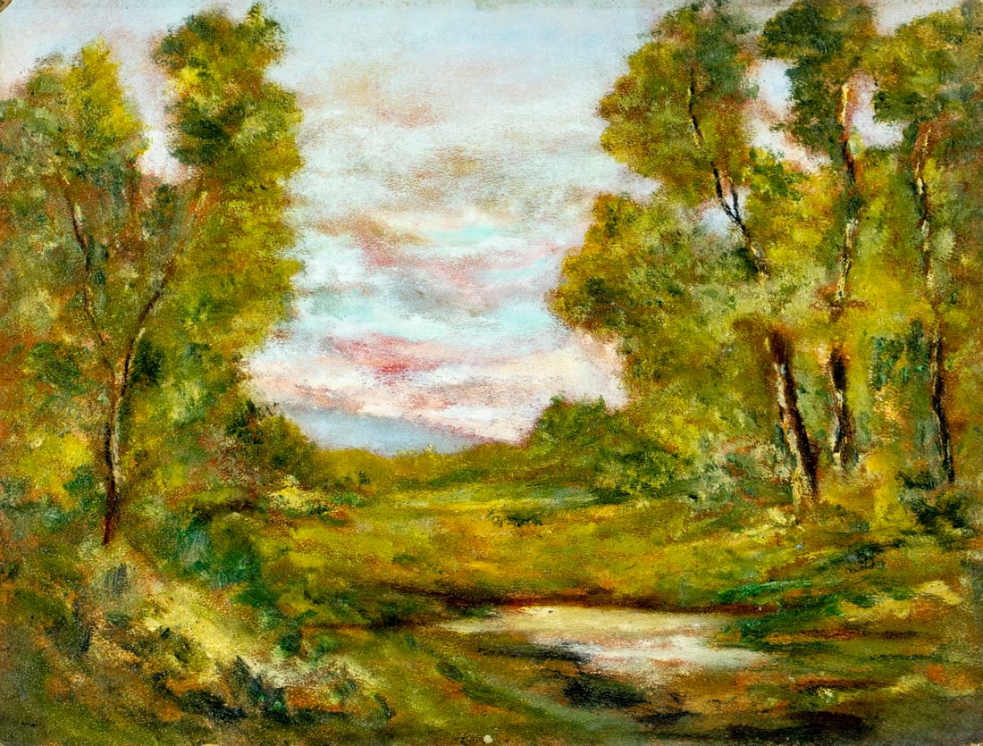 Antique early 20C American oil painting: ARTIST: - (American, early 20 century) TITLE: Sunset Landscape MEDIUM: oil on board CONDITION: Minor damages to corners. No visible inpaint under UV light. Normal wear alo