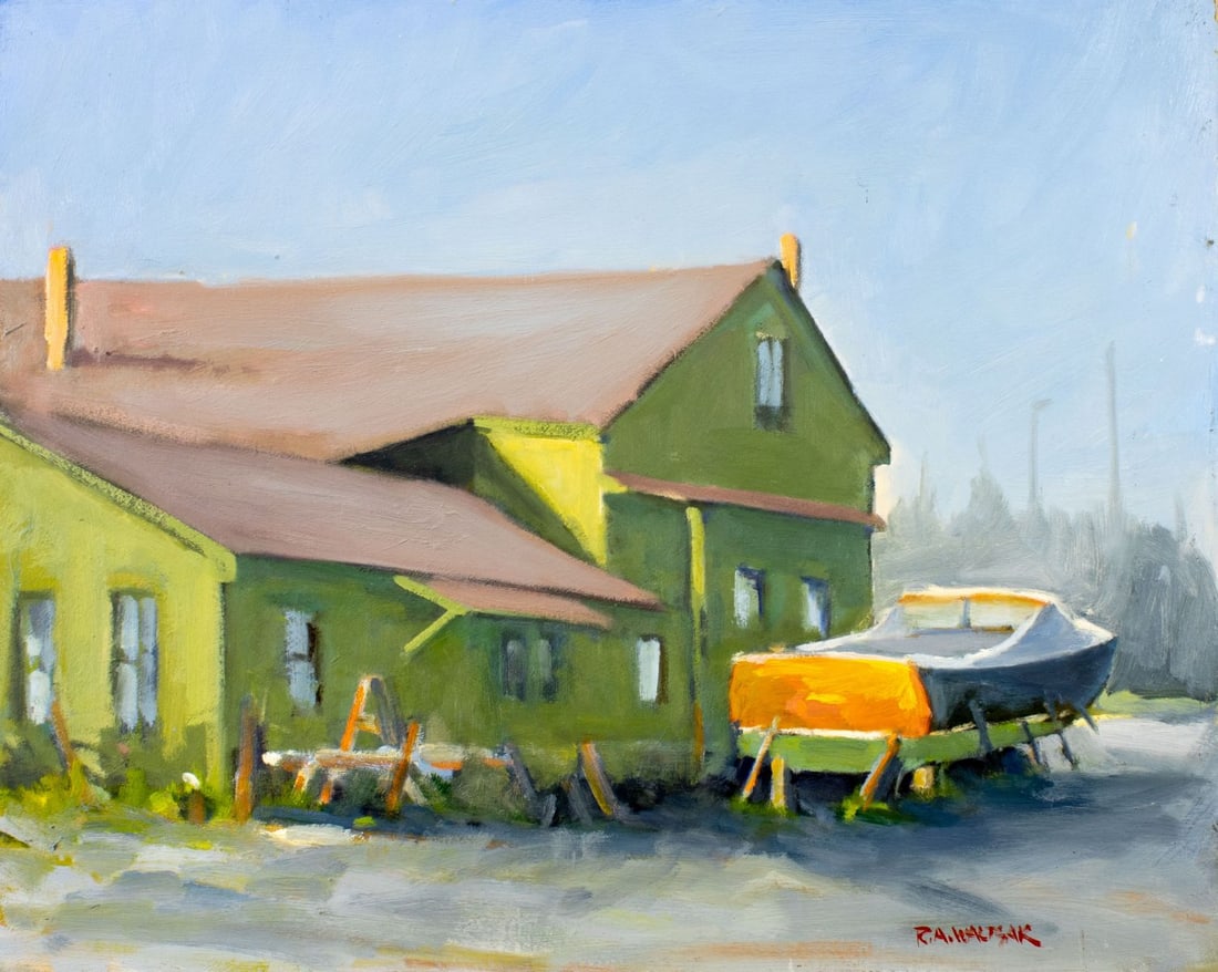 Robert Waltsak (NJ,b 1944) oil painting: ARTIST: Robert Alan Waltsak (New Jersey, born 1944) TITLE: Town Scene with Boat MEDIUM: oil on board CONDITION: Few minor scratches/paint losses. No visible inpaint under UV