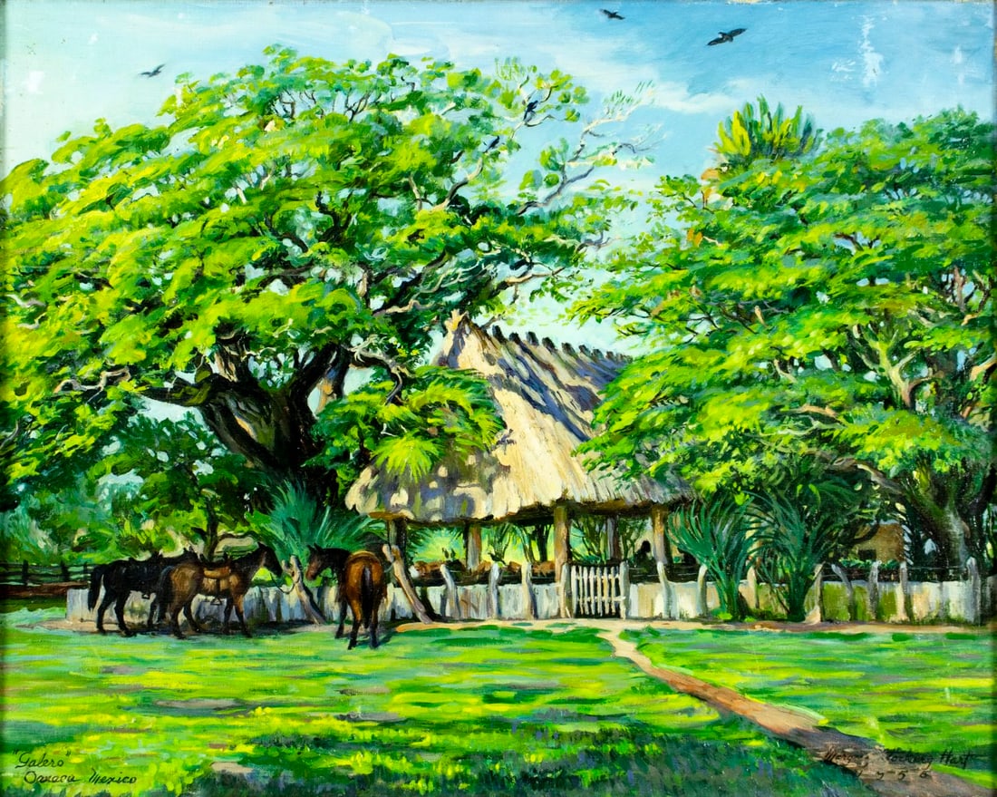 Margery Stocking Hart (NJ,1888-1993) oil painting: ARTIST: Margery Stocking Hart (New Jersey, 1888 - 1993) TITLE: Landscape with Horse Corral YEAR: 1950 MEDIUM: oil on canvas CONDITION: One small patch.