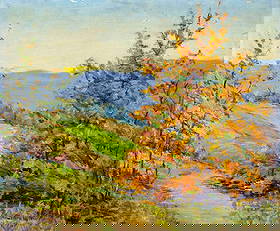 Clara Laughlin Hamilton (IN,OH,1872-1968) oil painting: ARTIST: Clara Laughlin Hamilton (Indianna, Ohio, 1872 - 1968) TITLE: Autumn Landscape MEDIUM: oil on board CONDITION: Some damages to edges. Some paint losses (see picture