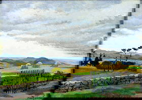 Gustave Poetzsch (Swiss,1870-1924) oil painting antique: ARTIST: Gustave Poetzsch (Switzerland, 1870 - 1924) TITLE: Cloudy Countryside Landscape MEDIUM: oil on canvas CONDITION: Few faint scratches. No visible inpaint under UV l