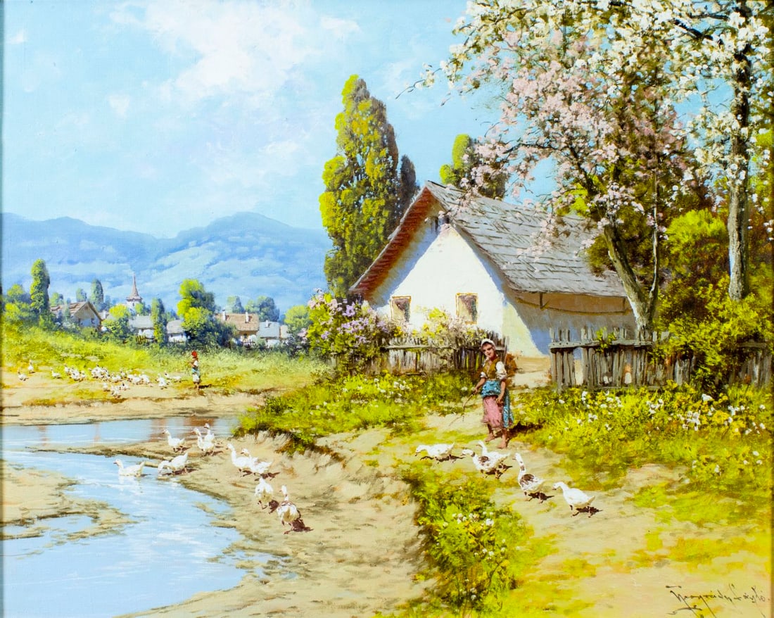 Laszlo Neogrady (Hungary,1896-1962) oil painting: ARTIST: Laszlo Neogradi (Hungarian, 1896 - 1962) TITLE: Country Landscape MEDIUM: oil on canvas CONDITION: Very good. No visible inpaint under UV light. ART SI