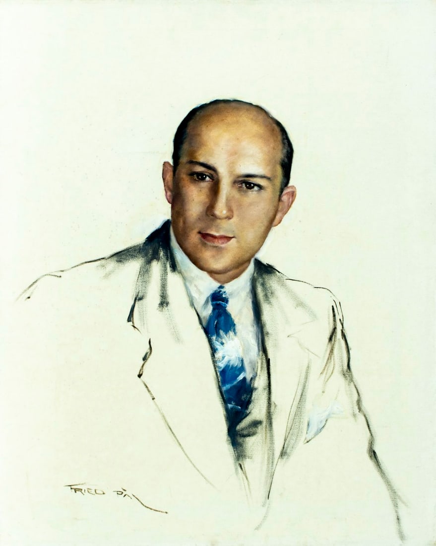 Pal Fried (NY,CA,Hungary,1893-1976) oil painting: ARTIST: Pal Fried (New York, California, Hungarian, 1893 - 1976) TITLE: Portrait of Man MEDIUM: oil on canvas CONDITION: Some dark spots mostly in the upper left quadrant.