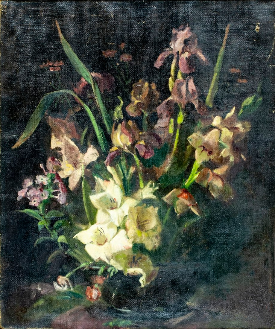 Antique 19C American oil painting: ARTIST: - (American, 19 century) TITLE: Still Life with Vase of Flowers MEDIUM: oil on canvas CONDITION: Some scratches/paint losses. No visible inpaint under UV light. We