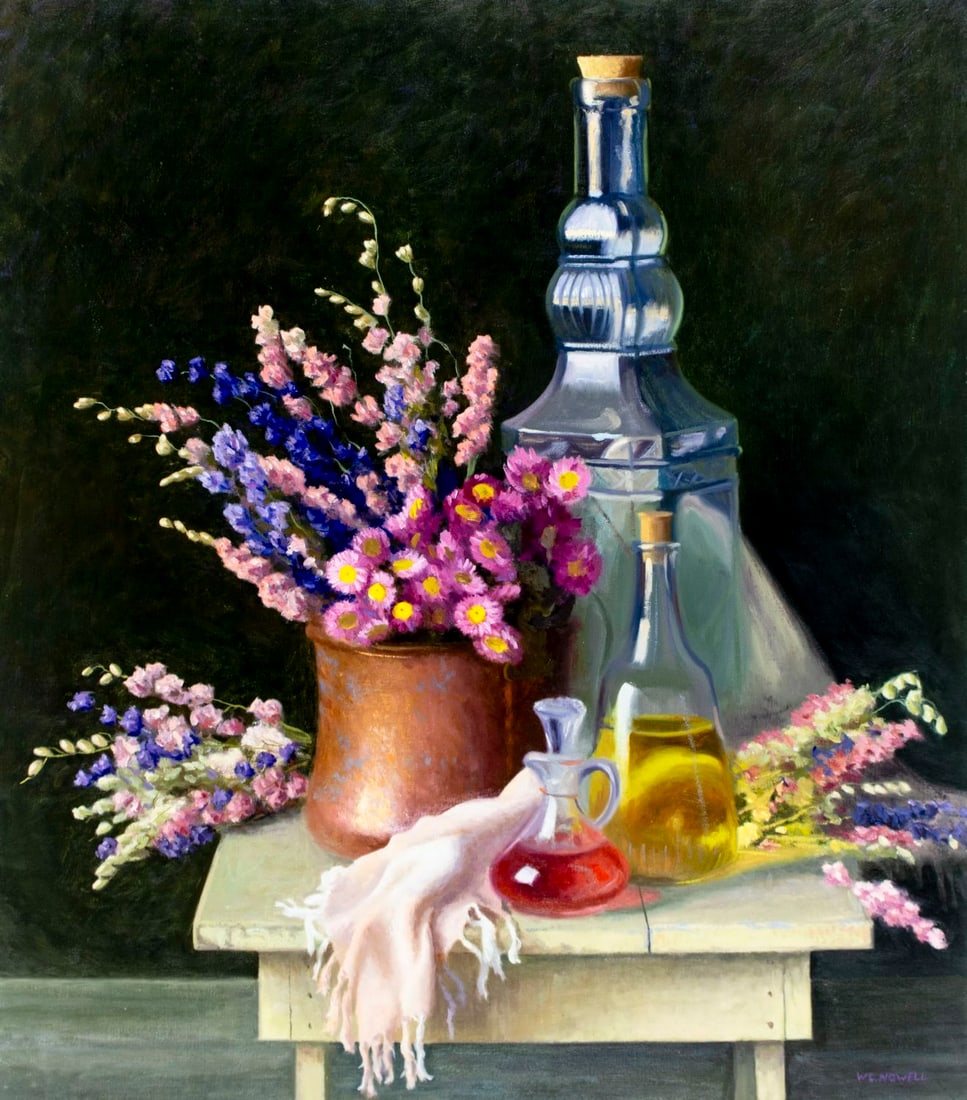 W Charles Nowell (ME,b 1966) oil painting: ARTIST: W Charles Nowell (Maine, born 1966) TITLE: Still Life with Flowers and Bottles MEDIUM: oil on canvas CONDITION: Very good. No visible inpaint under UV light. Normal