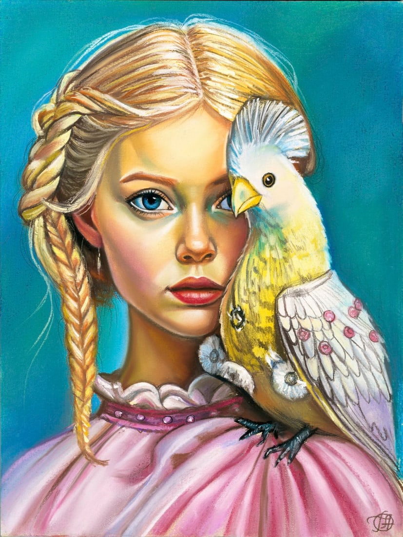 Genadiy Achkasov (Ukraine,b 1965) pastel painting: ARTIST: Genadiy Achkasov (Ukraine, born 1965) TITLE: Woman with Bird MEDIUM: pastel on heavy paper CONDITION: Very good. ART SIZE: 16 x 12 inches / 40 x