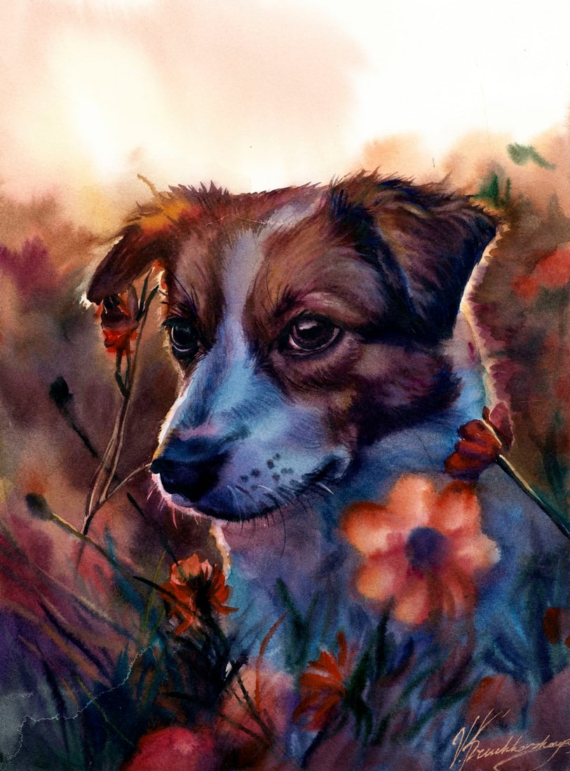 Veronika Kruchkovskaya (Ukraine,b 2004) watercolor painting: ARTIST: Veronika Kruchkovskaya (Ukraine, born 2004) TITLE: Dog MEDIUM: watercolor on heavy paper CONDITION: Very good. ART SIZE: 16 x 12 inches / 40 x 30