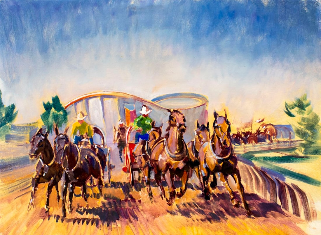 Peter Williams (NY,New Zealand,1934-2018) oil painting: ARTIST: Peter Williams (New York, New Zealand, 1934 - 2018) TITLE: Calvary Stampede MEDIUM: oil on canvas CONDITION: Very good. No visible inpaint under UV light.