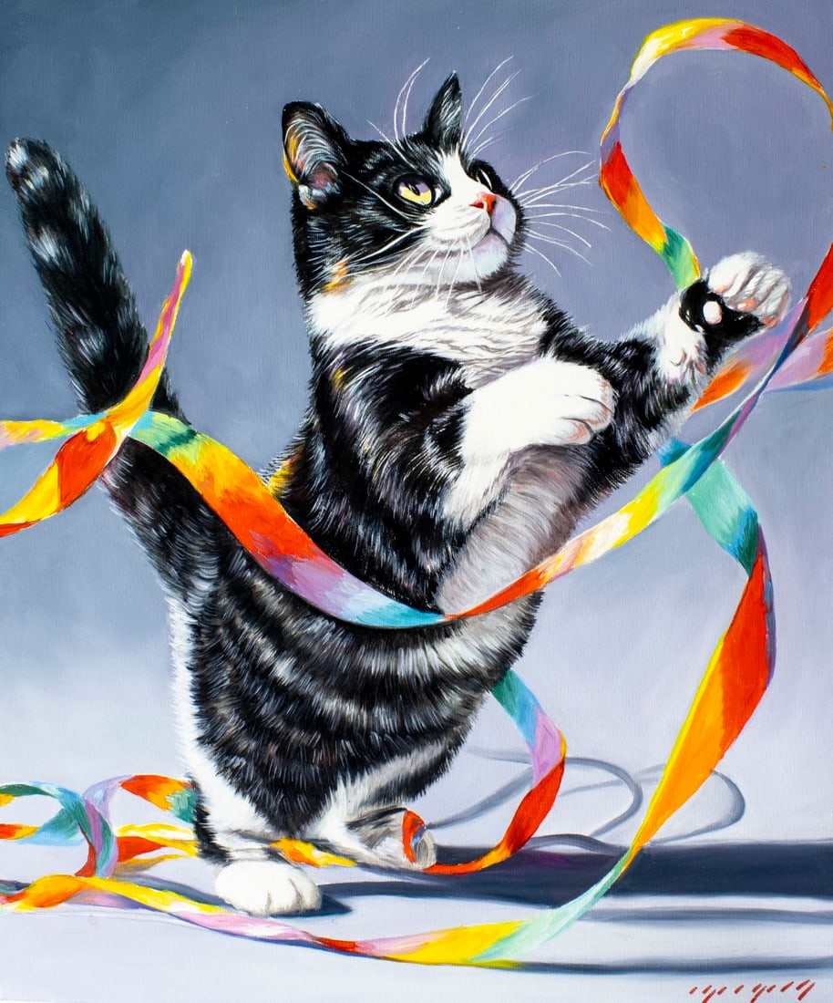 Igor Grey (Ukraine,b 1975) oil painting: ARTIST: Igor Grey (Ukrainian, born 1975) TITLE: Cat with Multicolored Ribbons (titled on verso) MEDIUM: oil on canvas CONDITION: Unstretched (In-House stretching available).