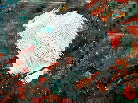 Dominic Toming Cheng (China,FL,20C) acrylic painting: ARTIST: Dominic Toming Cheng (Chinese, Florida, 20 century) TITLE: Cockatoo Parrot MEDIUM: acrylic on foil CONDITION: Very good. No visible inpaint under UV light.
