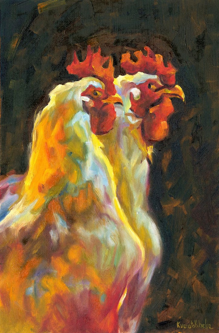 Alina Kvaratshelia (Ukraine,20/21C) oil painting: ARTIST: Alina Kvaratshelia (Ukraine, 20/21 centuries) TITLE: Two Roosters MEDIUM: oil on heavy paper CONDITION: Very good. ART SIZE: 12 x 8 inches / 30 x