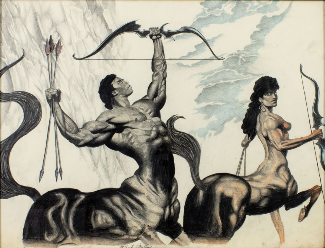 Michael O'Malley (US,20C) colored pencil painting: ARTIST: Michael O'Malley (Amerian, 20 century) TITLE: Illustration - Centaurs MEDIUM: colored pencil on paper CONDITION: Few small tears to edges. Some foxing. Some age toni