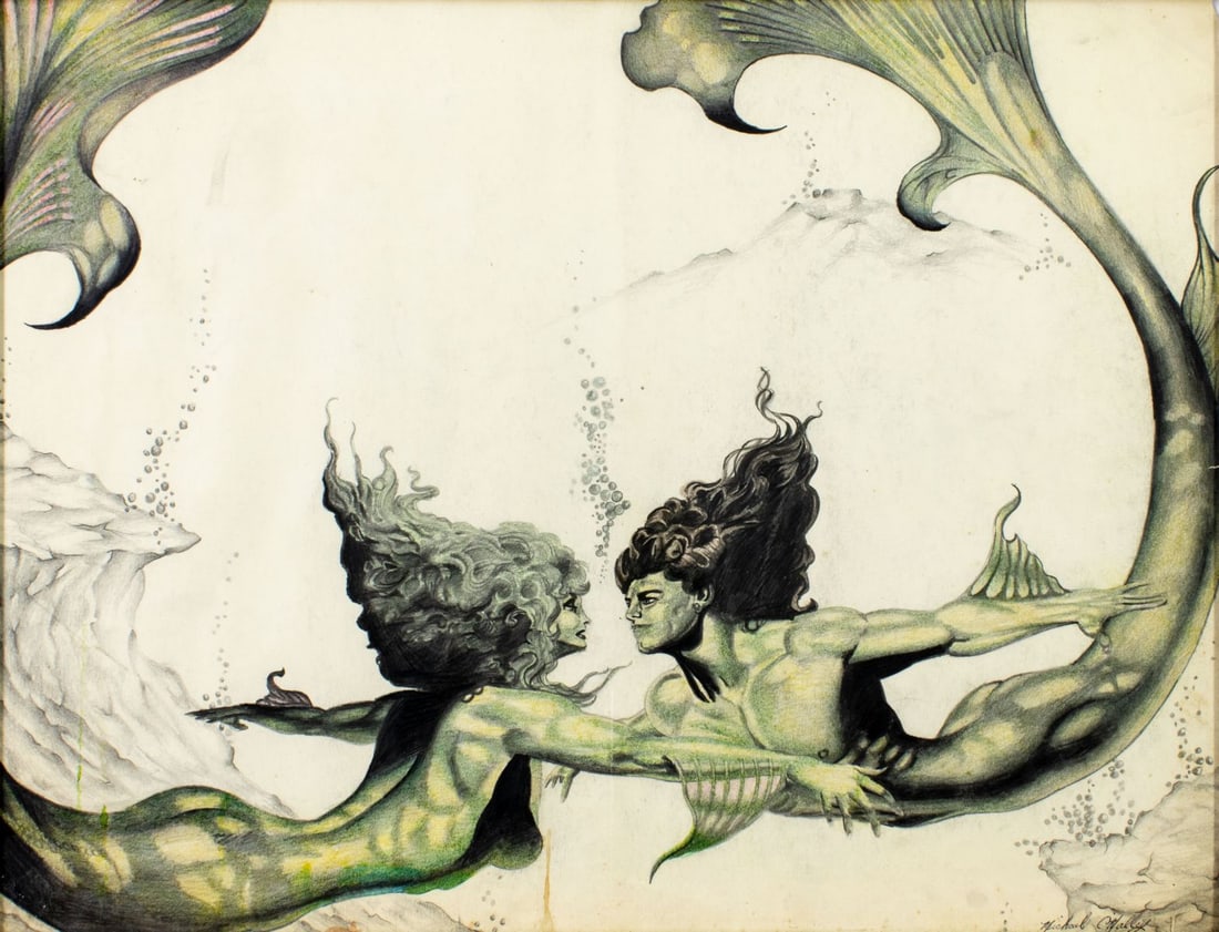 Michael O'Malley (US,20C) colored pencil painting: ARTIST: Michael O'Malley (American, 20 century) TITLE: Illustration - Mermaids MEDIUM: colored pencil on paper CONDITION: Some damage to the upper right corner. Few small te