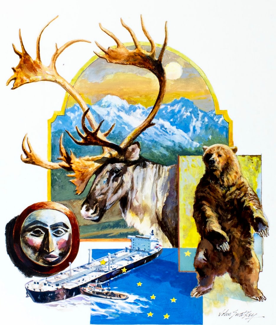 John Swatsley (CA,1937-?) gouache painting: ARTIST: John Swatsley (California, 1937 - ???) TITLE: Alaska Statehood (titled on verso) YEAR: 1983 MEDIUM: gouache on board CONDITION: Very good. <