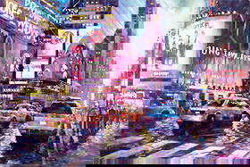 Jian Wu (China,CA,1942-?) oil painting: ARTIST: Jian Wu (Chinese, California, 1942 - ???) TITLE: Dusk in Times Square (titled on verso) MEDIUM: oil on canvas board CONDITION: Few minor paint losses. Few faint s