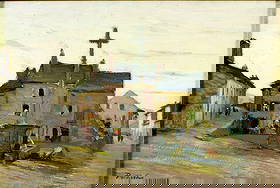 ATTR Gustave Poetzsch (Swiss,1870-1924) oil painting antique: ARTIST: ATTRIBUTED TO Gustave Poetzsch (Switzerland, 1870 - 1924) TITLE: Sunset Town Scene MEDIUM: oil on board CONDITION: One small paint loss by the lower edge. No visib