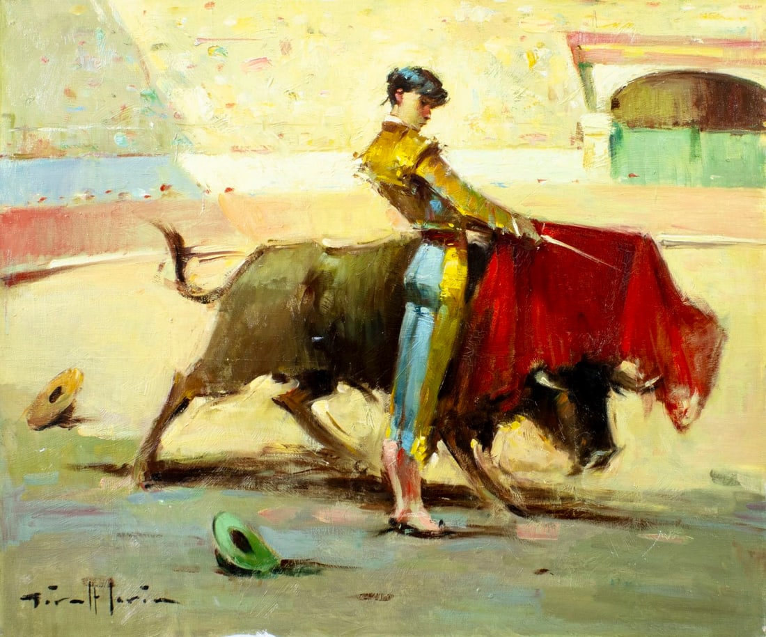 Joan Giralt Lerin (Spain,1907-?) oil painting: ARTIST: Joan Giralt Lerin (Spanish, 1907 - ???) TITLE: Bullfighter MEDIUM: oil on canvas CONDITION: Unstretched (In-House stretching available). Few minor paint losses. So