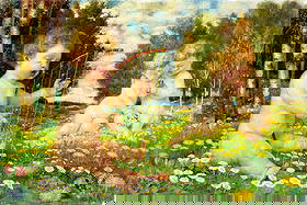 Burckhardt Flury (Swiss,1862-1928) oil painting antique: ARTIST: Burckhardt Flury (Switzerland, 1862 - 1928) TITLE: Cherubs with Harp MEDIUM: oil on board CONDITION: Minor damages to corners. Some scratches/paint losses. No visi