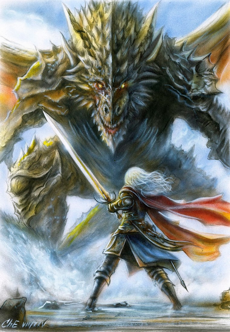 Evgeniy Chunikhin (Ukraine,b 1976) acrylic painting: ARTIST: Evgeniy Chunikhin (Ukraine, born 1976) TITLE: Dragon and Knight MEDIUM: acrylic on heavy paper CONDITION: Very good. ART SIZE: 12 x 8 inches / 30