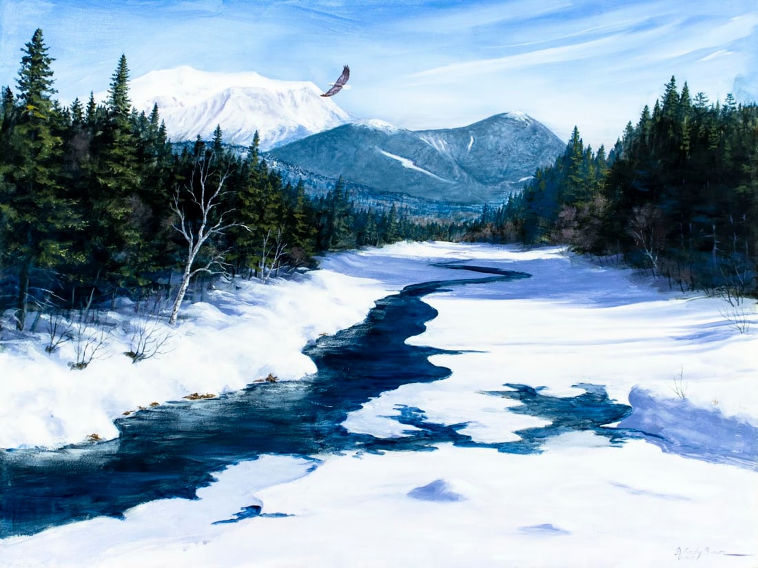 D Crosby Brown (ME,20C) oil painting: ARTIST: Donald Crosby Brown (Maine, 20 century) TITLE: Katahdin Mount Landscape from the North, ME (titled on verso) YEAR: 1997 MEDIUM: oil on canvas. Canvas applied to boar