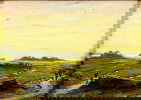 ATTR Gustave Poetzsch (Swiss,1870-1924) oil painting antique: ARTIST: ATTRIBUTED TO Gustave Poetzsch (Switzerland, 1870 - 1924) TITLE: Sunset Coutryside Landscape MEDIUM: oil on board CONDITION: Few small paint losses. No visible inp