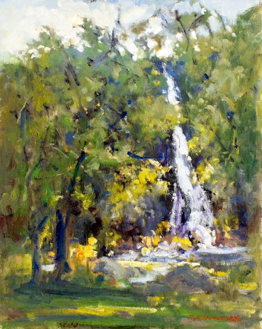 Robert Waltsak (NJ,b 1944) oil painting: ARTIST: Robert Alan Waltsak (New Jersey, born 1944) TITLE: Forest Waterfall Landscape MEDIUM: oil on canvas board CONDITION: Very good. No visible inpaint under UV light.