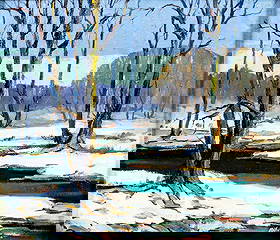 Albert Alfredson (IL,IN,1907-1977) oil painting: ARTIST: Albert Alfredson (Illinois, Indiana, 1907 - 1977) TITLE: Winter Stream Landscape MEDIUM: oil on board CONDITION: Some small paint losses. Some craquelure. No visib