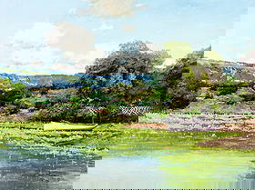 Law Kwok Leung (China,US,1954-?) oil painting: ARTIST: Law Kwok Leung (China, United States, 1954 - ???) TITLE: Lake Landscape with Boat MEDIUM: oil on canvas CONDITION: Unstretched (In-House stretching available). Few m