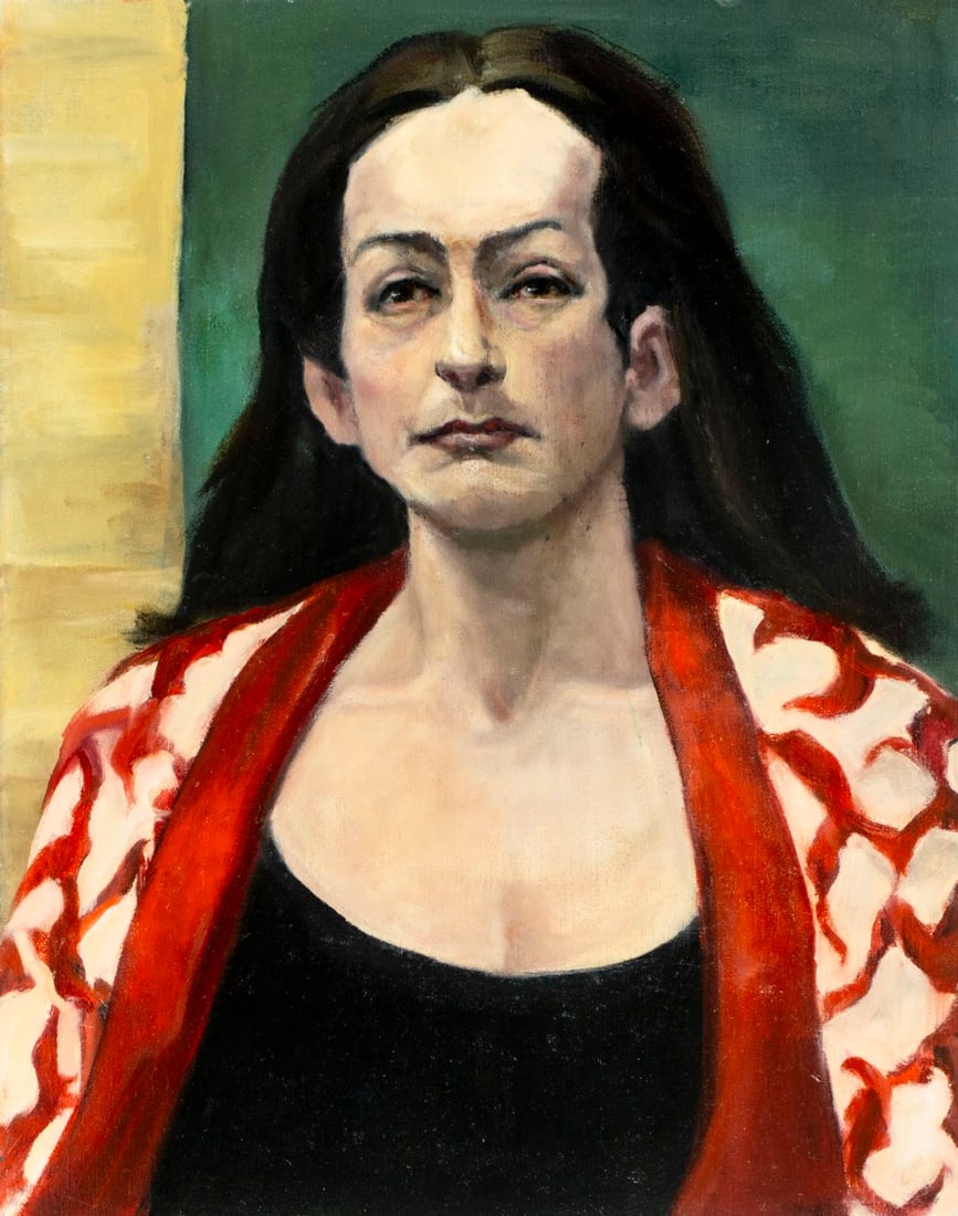 Penny Purpura (US,20C) oil painting: ARTIST: Penny Purpura (American, 20 century) TITLE: Portrait of Woman in Red Robe MEDIUM: oil on canvas CONDITION: Overall good. No visible inpaint under UV light. Normal w