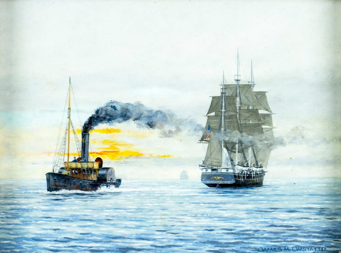 James Umstattd (US,20C) acrylic painting: ARTIST: James M Umstattd (American, 20 century) TITLE: Seascape - Tow Paid off and Ready for Sea (titled on verso) YEAR: 1979 MEDIUM: acrylic on board CONDITION:<