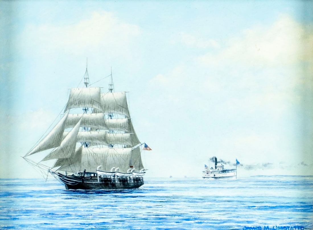 James Umstattd (US,20C) acrylic painting: ARTIST: James M Umstattd (American, 20 century) TITLE: Seascape - Three Hours Out, Three Years to Go (titled on verso) YEAR: 1979 MEDIUM: acrylic on board CONDITI