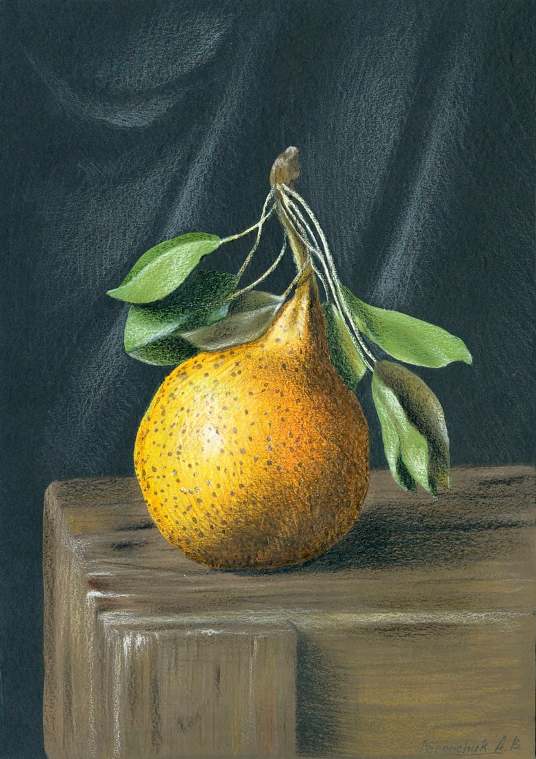 Anastasia Ferenchuk (Ukraine,20/21C) pastel painting: ARTIST: Anastasia Ferenchuk (Ukraine, 20/21 centuries) TITLE: Still Life with Pear MEDIUM: pastel on heavy paper CONDITION: Very good. ART SIZE: 12 x 8 i
