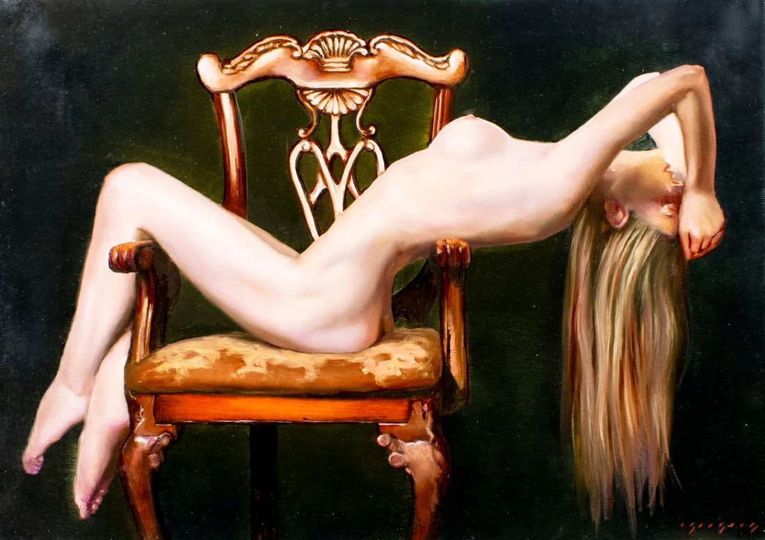 Igor Grey (Ukraine,b 1975) oil painting: ARTIST: Igor Grey (Ukrainian, born 1975) TITLE: Nude - Tempting (titled on verso) MEDIUM: oil on canvas CONDITION: Unstretched (In-House stretching available). Very good. No