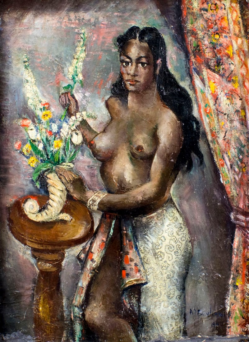 Abraham Baylinson (NY,Russia,1882-1950) oil painting: ARTIST: Abraham Soloman Baylinson (New York, Russian, 1882 - 1950) TITLE: Nude with Flowers YEAR: 1994 MEDIUM: oil on canvas CONDITION: Missing a few f