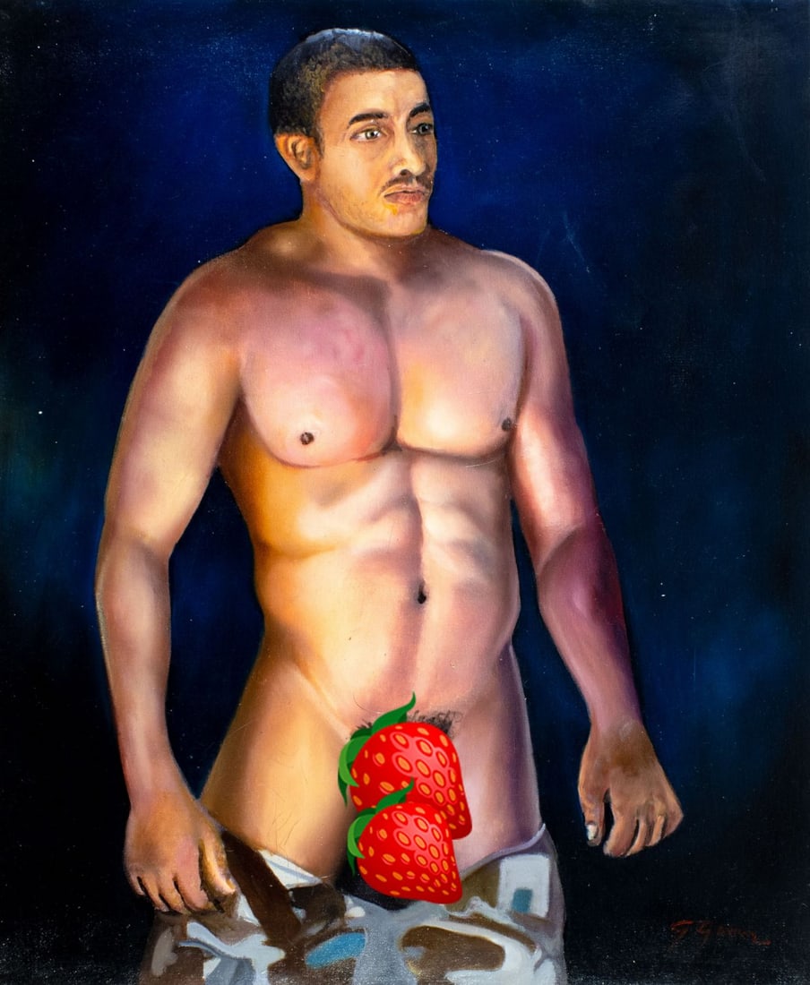 Gustavo Gomez (Colombia,FL,b 1956) oil painting: ARTIST: Gustavo Alonso Gomez (Colombian, Florida, born 1956) TITLE: Male Nude (titled on verso) MEDIUM: oil on canvas CONDITION: Unstretched (In-House stretching available).